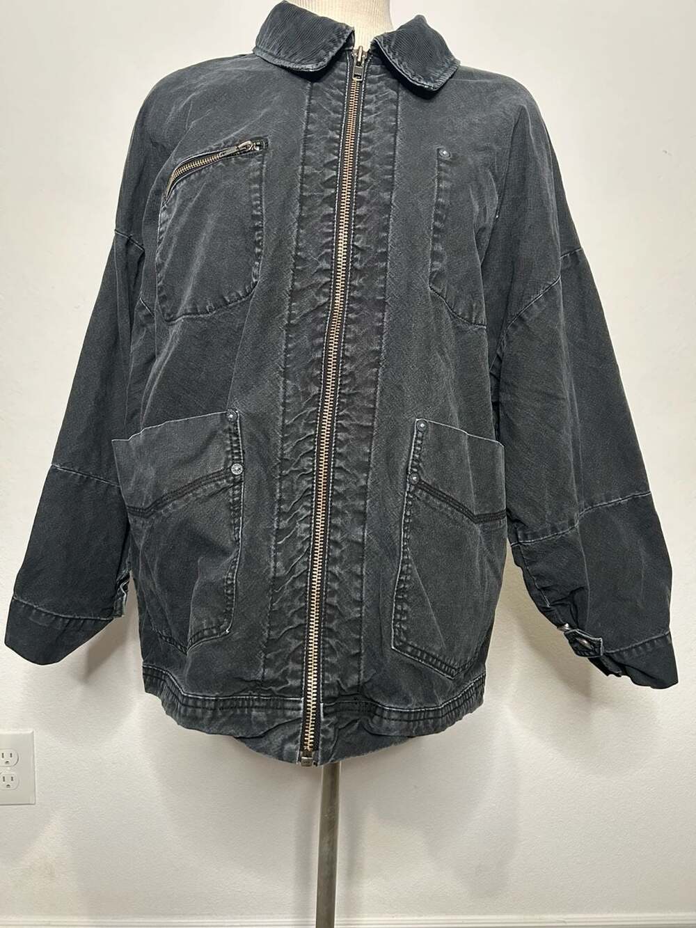 We The Free Jacket Size M Black Denim Utility Zip Cordcollar